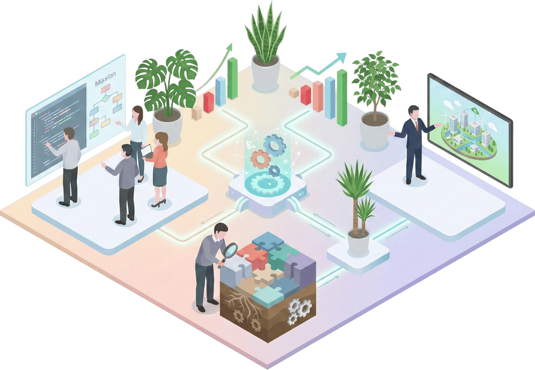 オフィス環境とビジネス成長を表現したイラスト