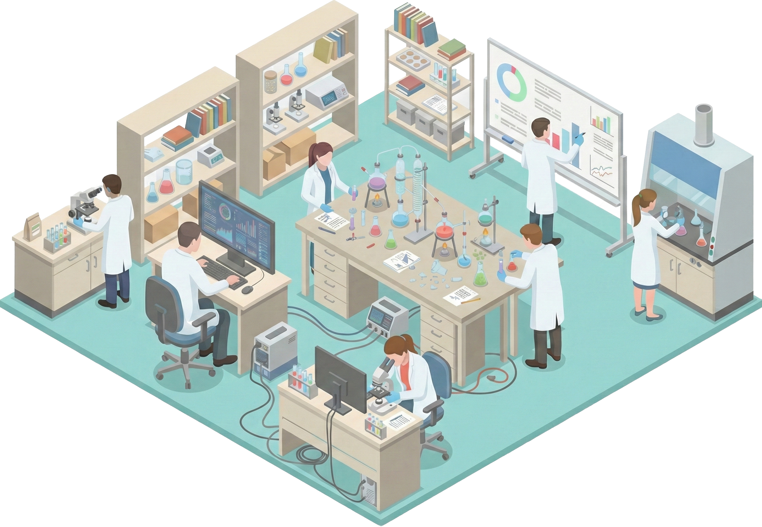 研究室やオフィスで技術検証を行う様子のイラスト