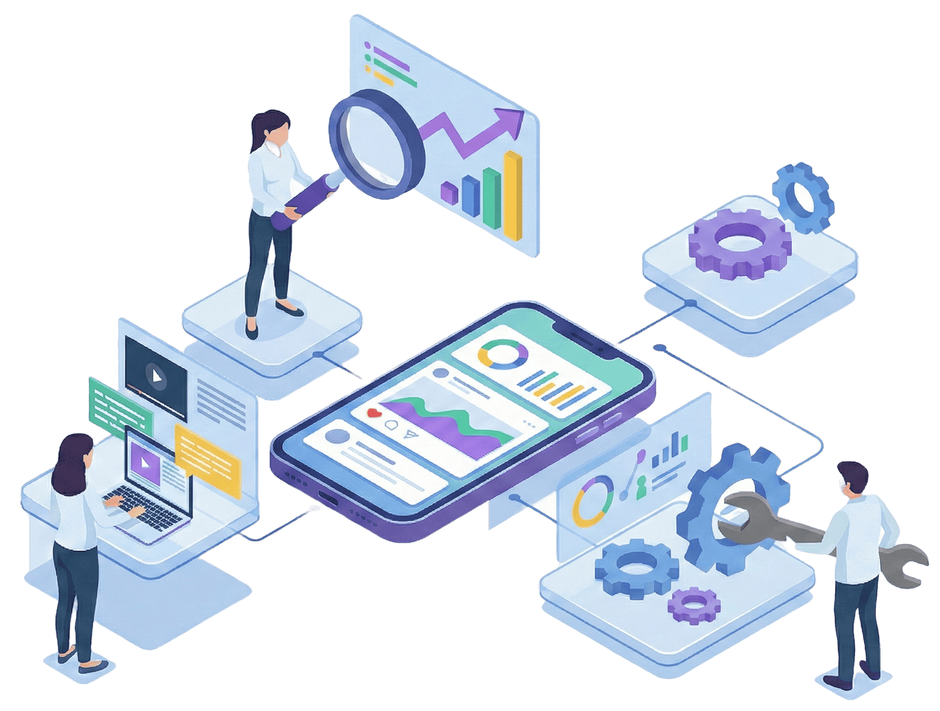 デジタルマーケティングツールでデータ分析や集客施策を行う様子のイラスト
