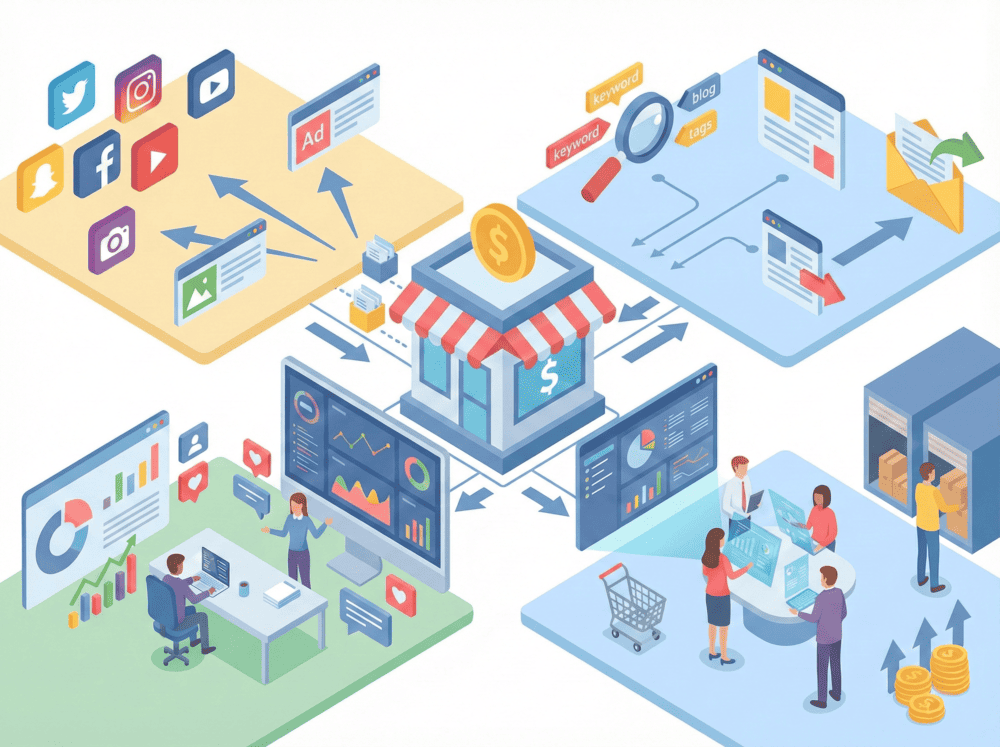 デジタルマーケティングの全体像を表現したイラスト