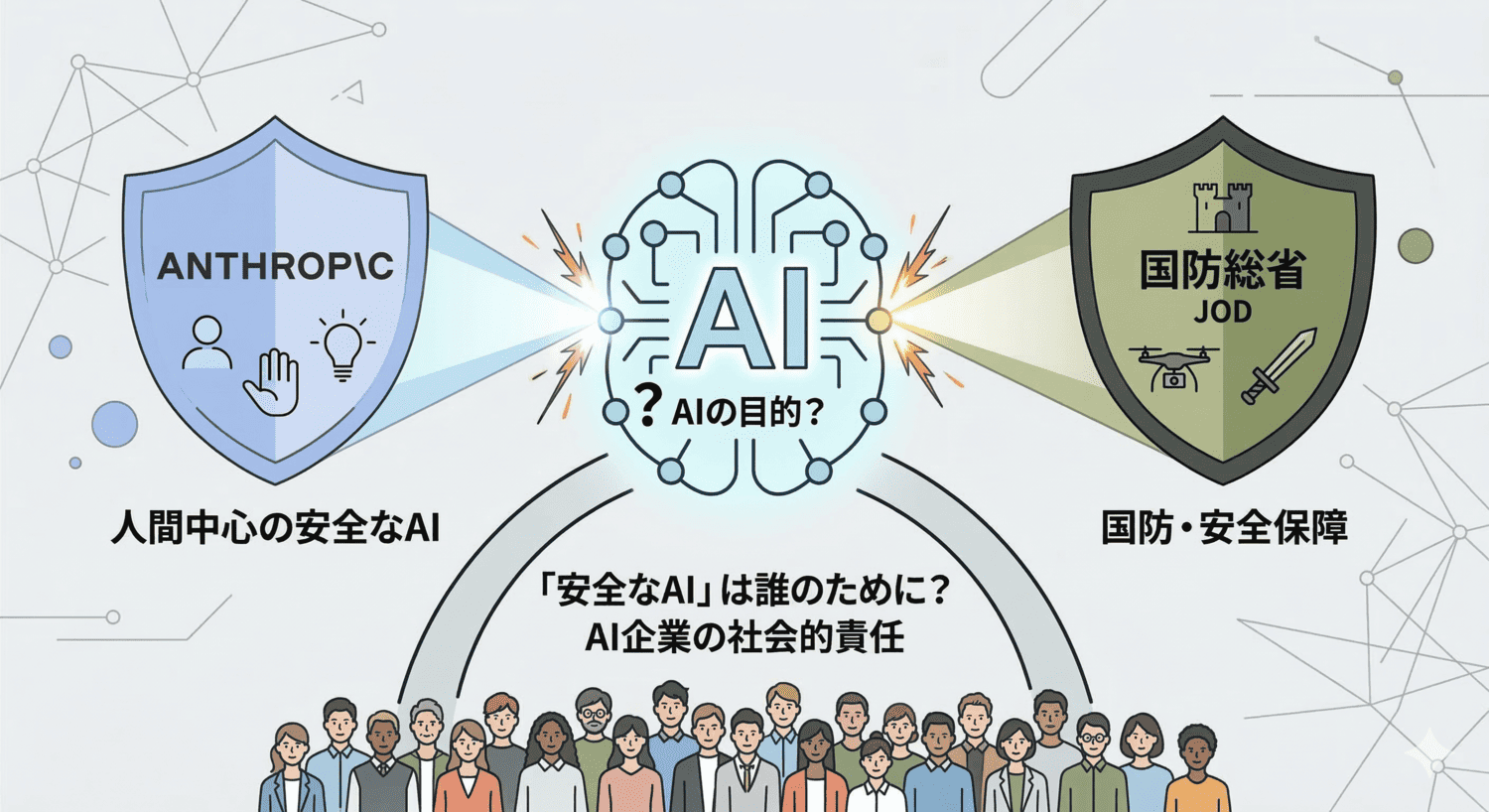 「安全なAI」は誰のためにあるのか——アンソロピックと国防総省の対立が問いかけるAI企業の社会的責任」というテーマに基づき、シンプルなイメージ画像