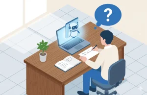 がノートPCに向かい、AIアシスタントが質問の吹き出しを投げかけ、人がノートに書き込んでいる様子。「問いの設計」を象徴するシーン