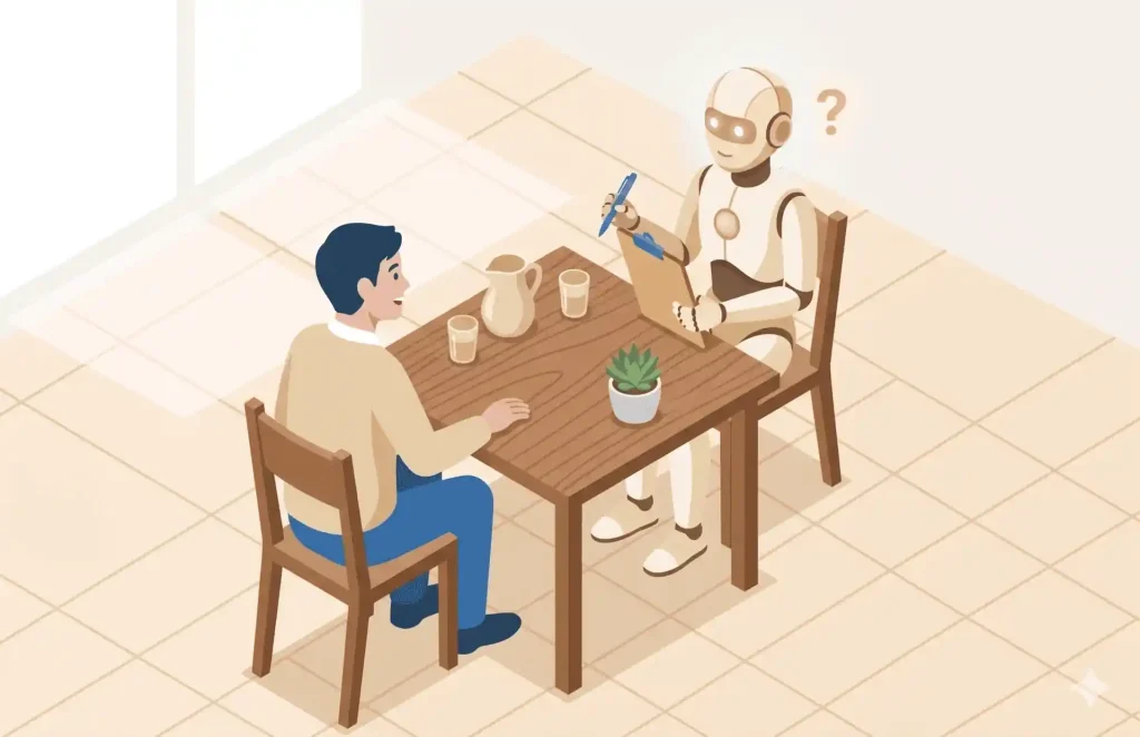 机を挟んで人とAIアシスタントが向かい合い、AI側が手元のクリップボードに目を落としながら穏やかに質問を投げかけている。人物は考えながら口を開きかけている。インタビューの一場面。落ち着いたグレージュとアイボリーの色調、温かみのある柔らかな照明。