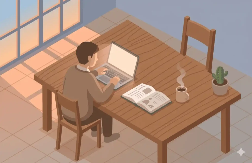 夜明けの空を背景に、人物がノートPCを開いて静かに考え込んでいるシルエット。机の上には開いた本と一杯のコーヒー、画面からは柔らかな光が漏れている。暖かいオレンジとブルーのグラデーション、希望と思索を感じさせる落ち着いた構図。