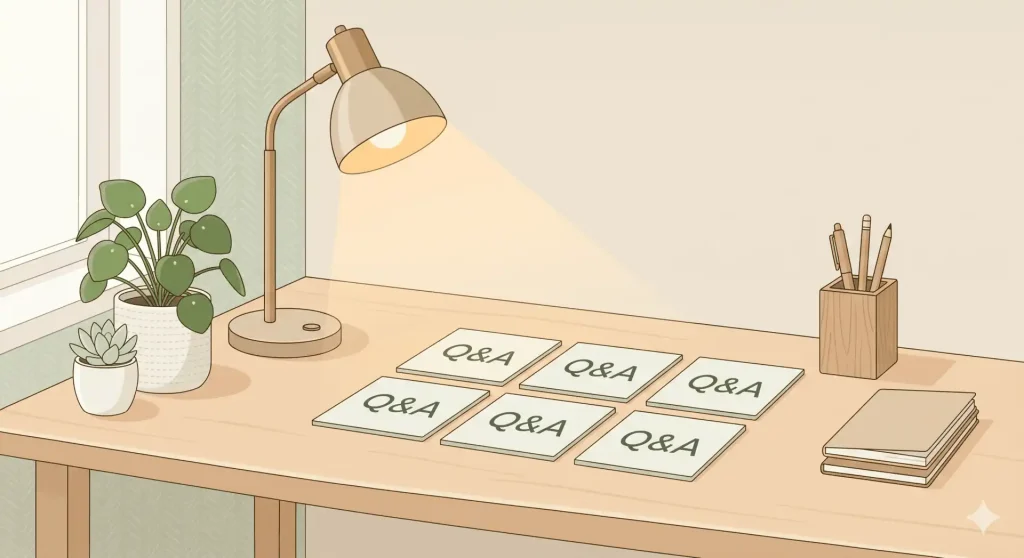 書斎の机にQ&Aと書かれたカードが並んでいる様子。隣には観葉植物と温かい色のデスクライト。クリーンでミニマルなレイアウト、ベージュとライトグリーンの落ち着いた色調。