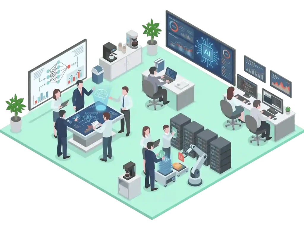 オフィスやデータセンターで人々がデータ分析やAI活用に取り組む様子のイラスト