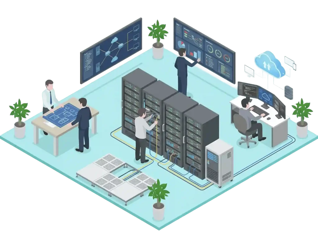 データセンターやクラウド環境で人々がインフラ構築・運用に取り組む様子のイラスト