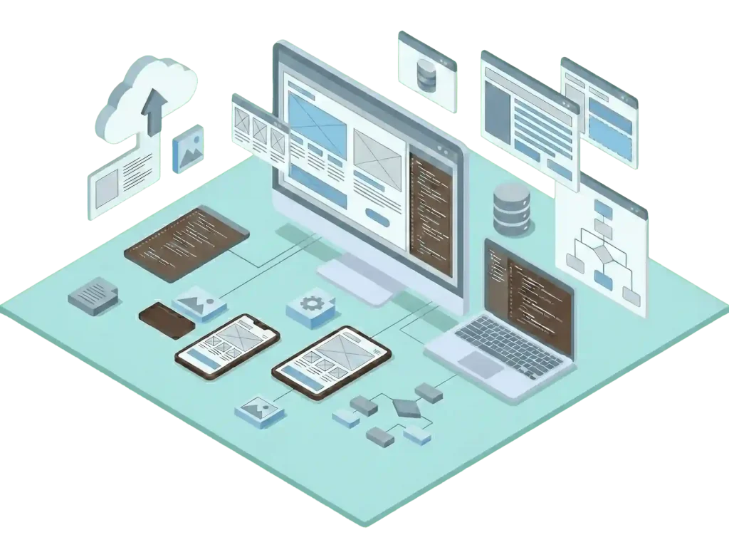 デスクトップ、タブレット、スマートフォンなどデジタルデバイスがつながるWebサイト構築のイラスト